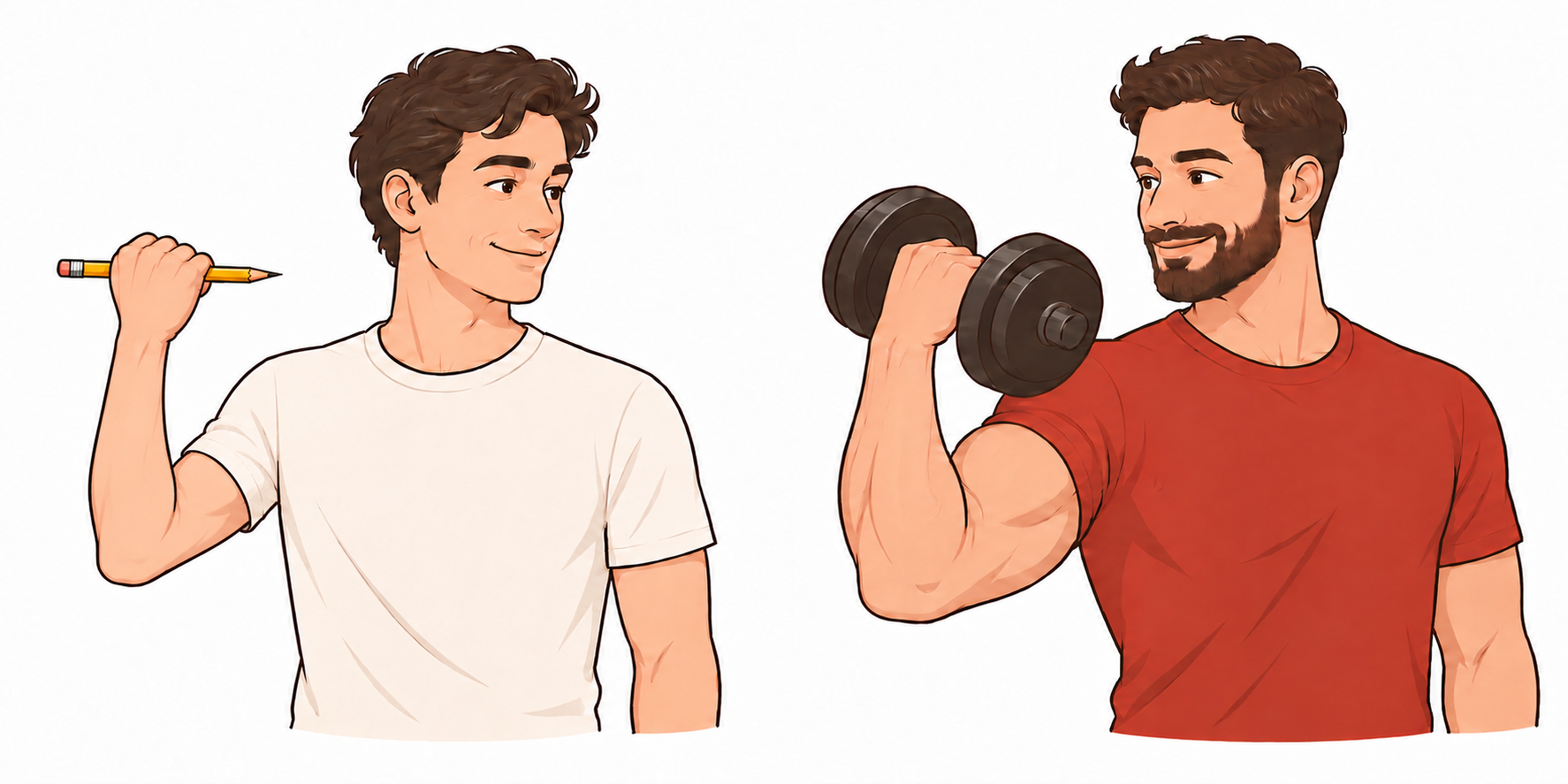 Comparaison schématique : un personnage avec un crayon et un petit biceps, un autre avec un haltère et un biceps plus développé