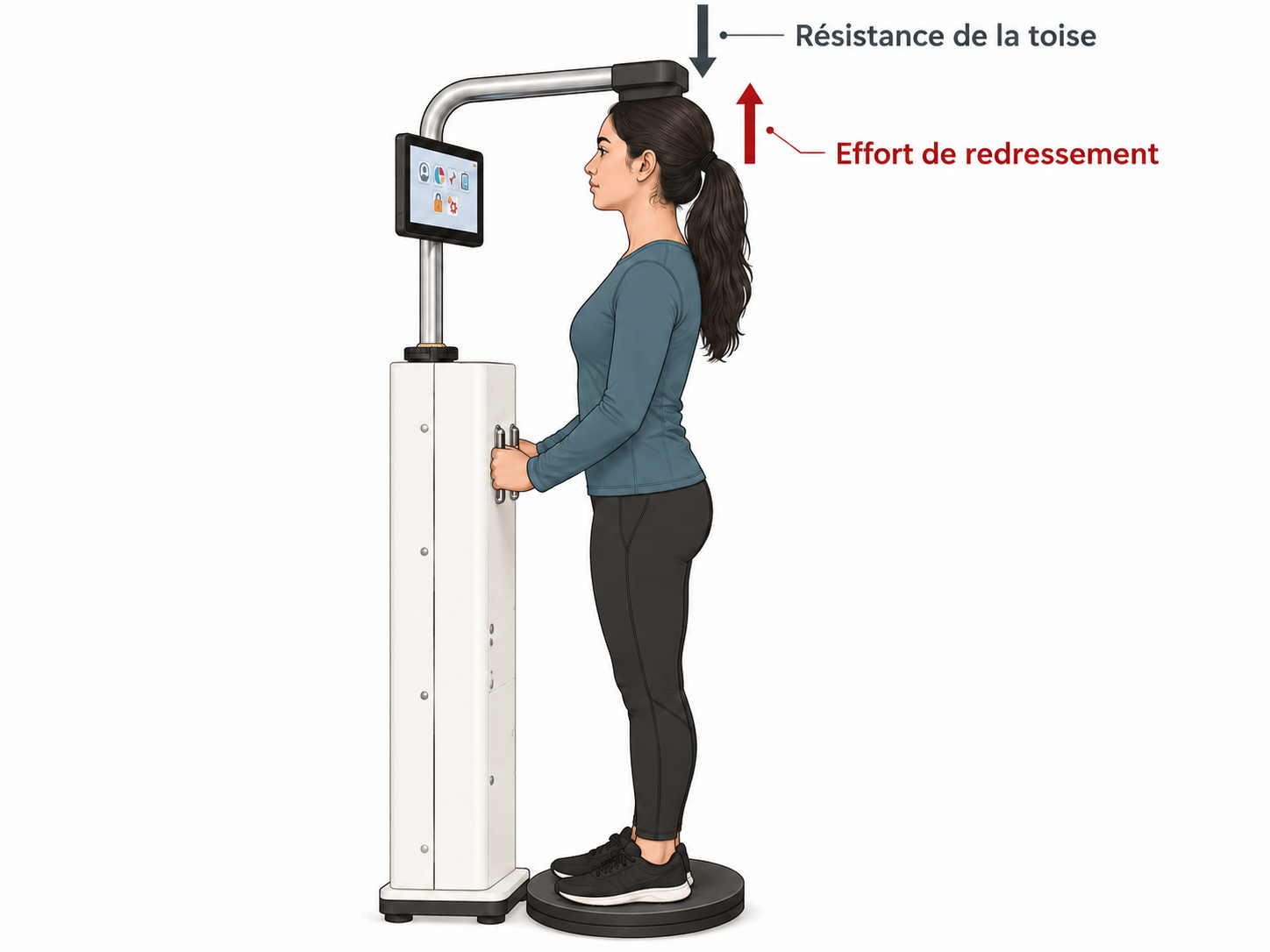 Schéma d’une utilisatrice produisant un effort de redressement avec la tête contre la résistance de la toise