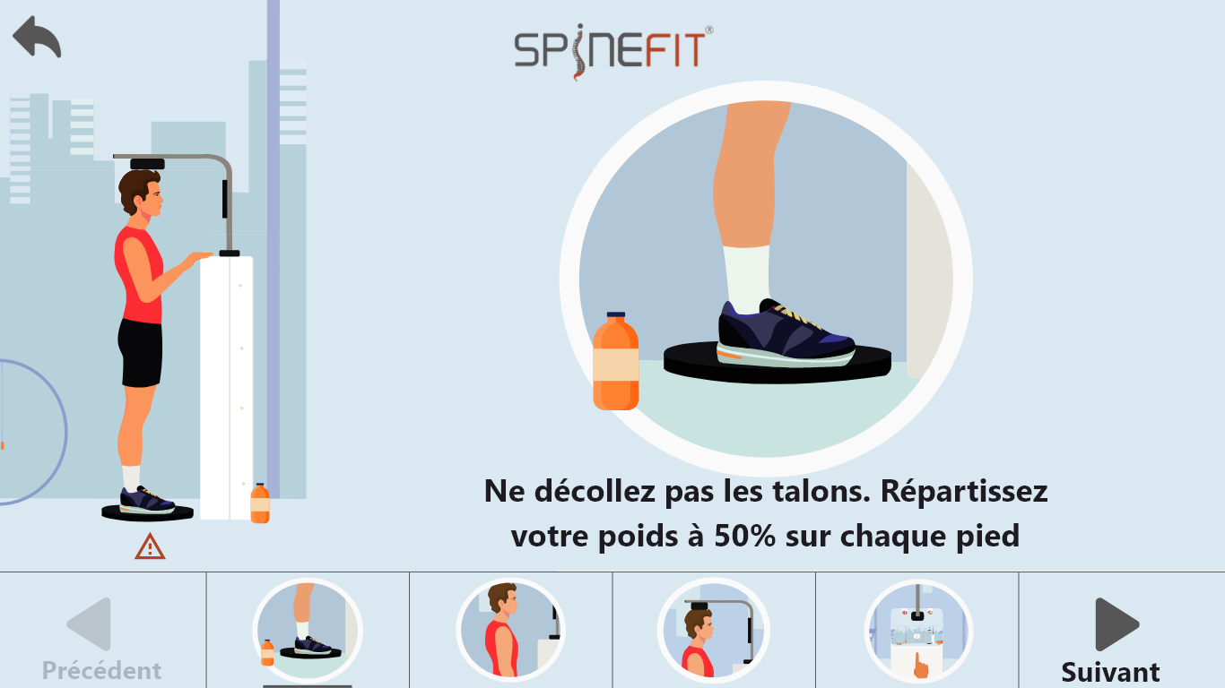 Écran de préparation rappelant de garder les talons posés et de répartir les appuis