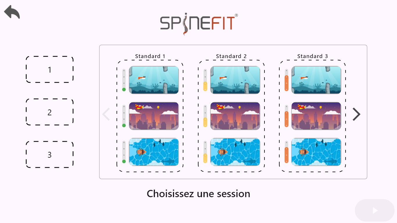 Écran de sélection des sessions Standard 1, Standard 2 et Standard 3